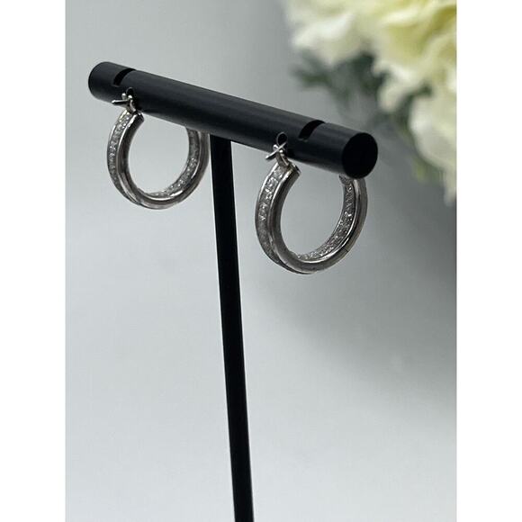 Designer HAN 925 Sterling Silver Pave Glitter Inside Outside Hoop Earrings - Picture 5 of 15